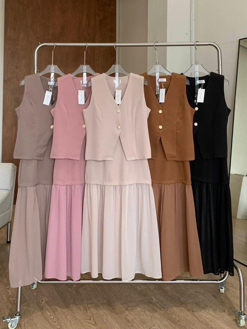 V-neck Sleeveless Blouse With Skirts Sets